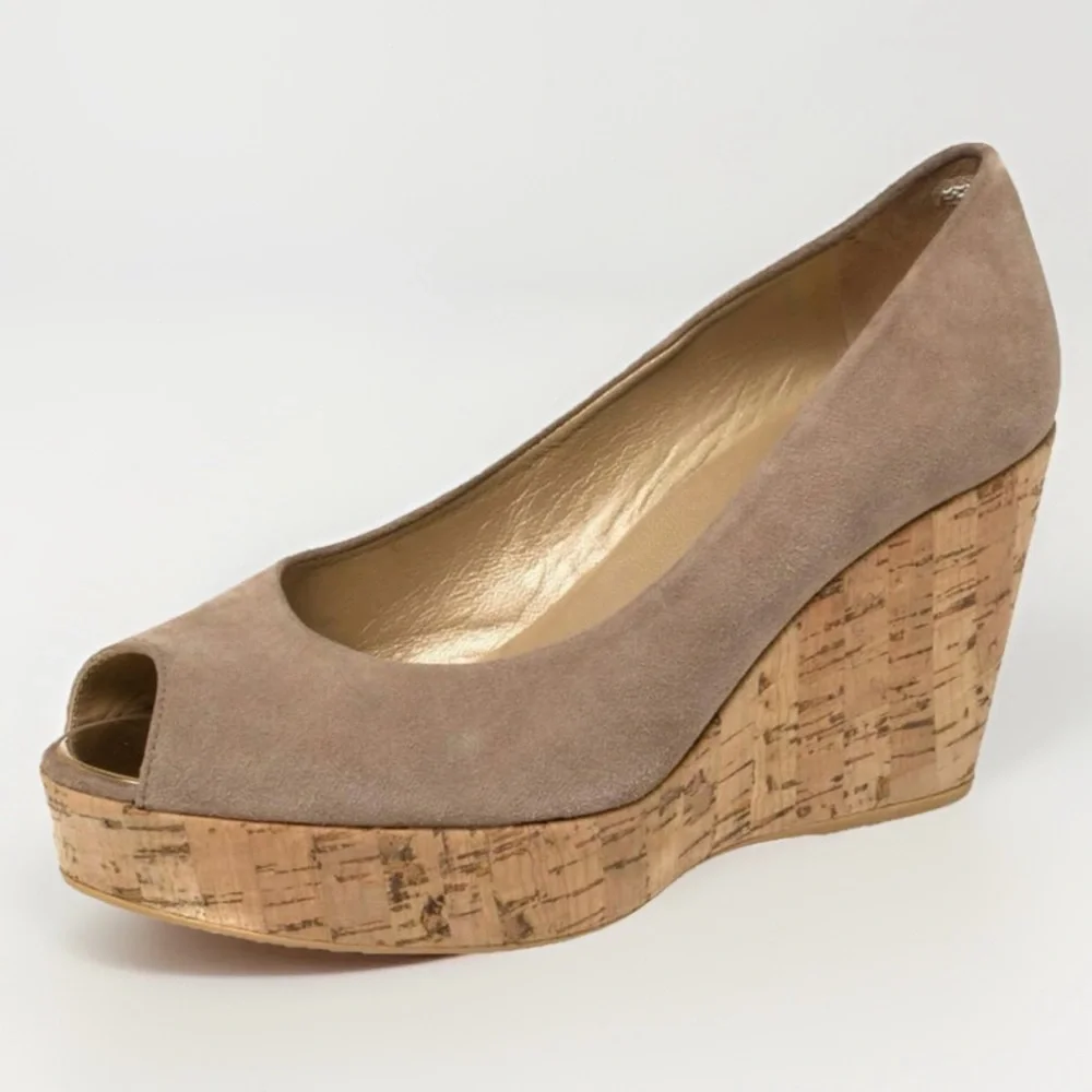 Stuart Weitzman Anna Wedge Peep Toe Designer Shoes Women Sz 8‎ Tan Suede Luxury